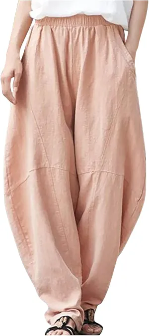 Linen Pants Women 2025 Summer Elastic High Waist Wide Leg Trousers Casual Loose Fit Harem Palazzo with Pockets
