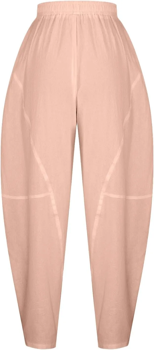 Linen Pants Women 2025 Summer Elastic High Waist Wide Leg Trousers Casual Loose Fit Harem Palazzo with Pockets