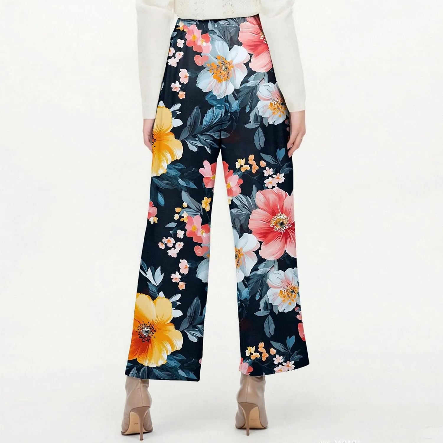 Linen Pants Women Casual Boho Floral Print Wide Leg Capri Pants Cotton Linen Elastic Waisted Drawstring Summer Trouser