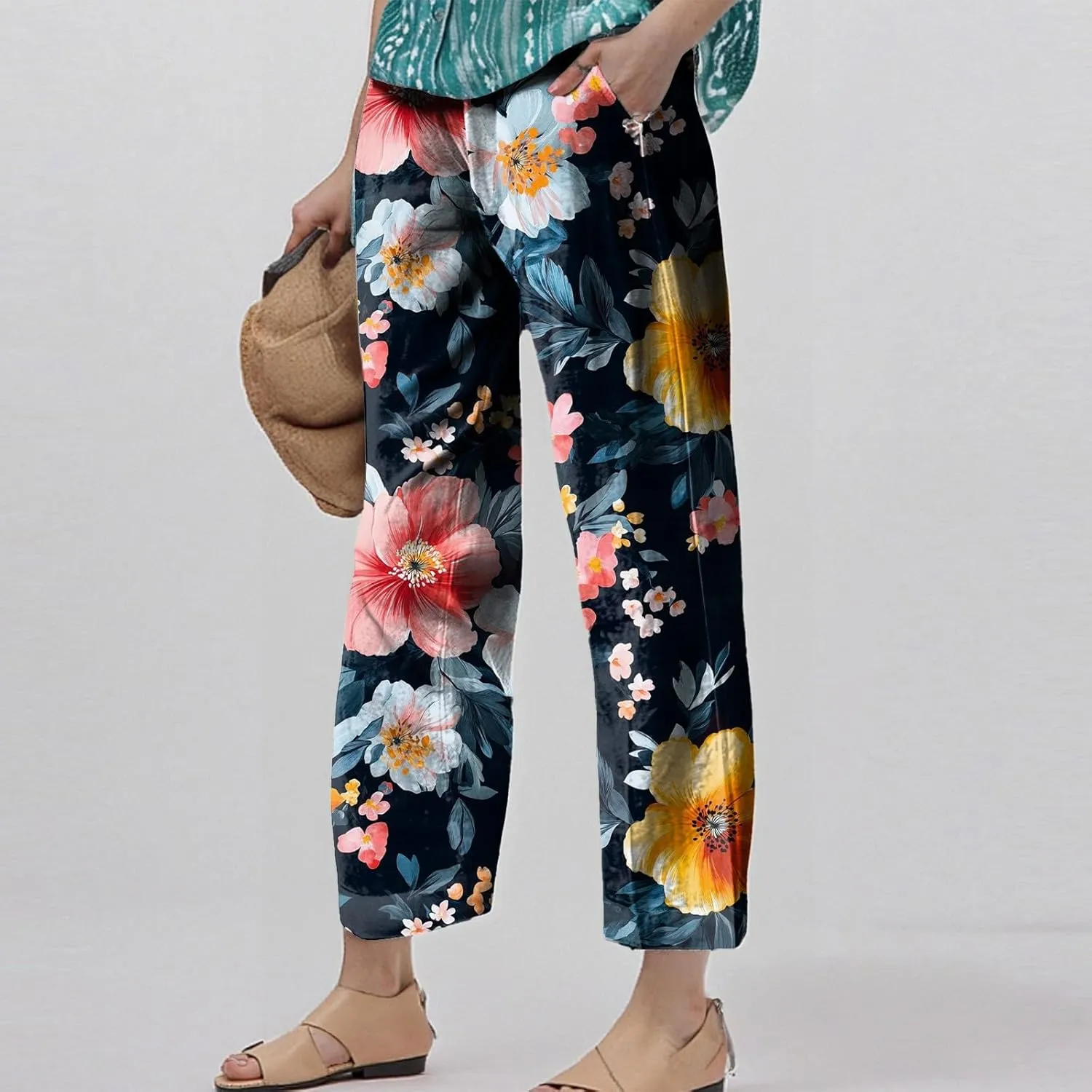 Linen Pants Women Casual Boho Floral Print Wide Leg Capri Pants Cotton Linen Elastic Waisted Drawstring Summer Trouser