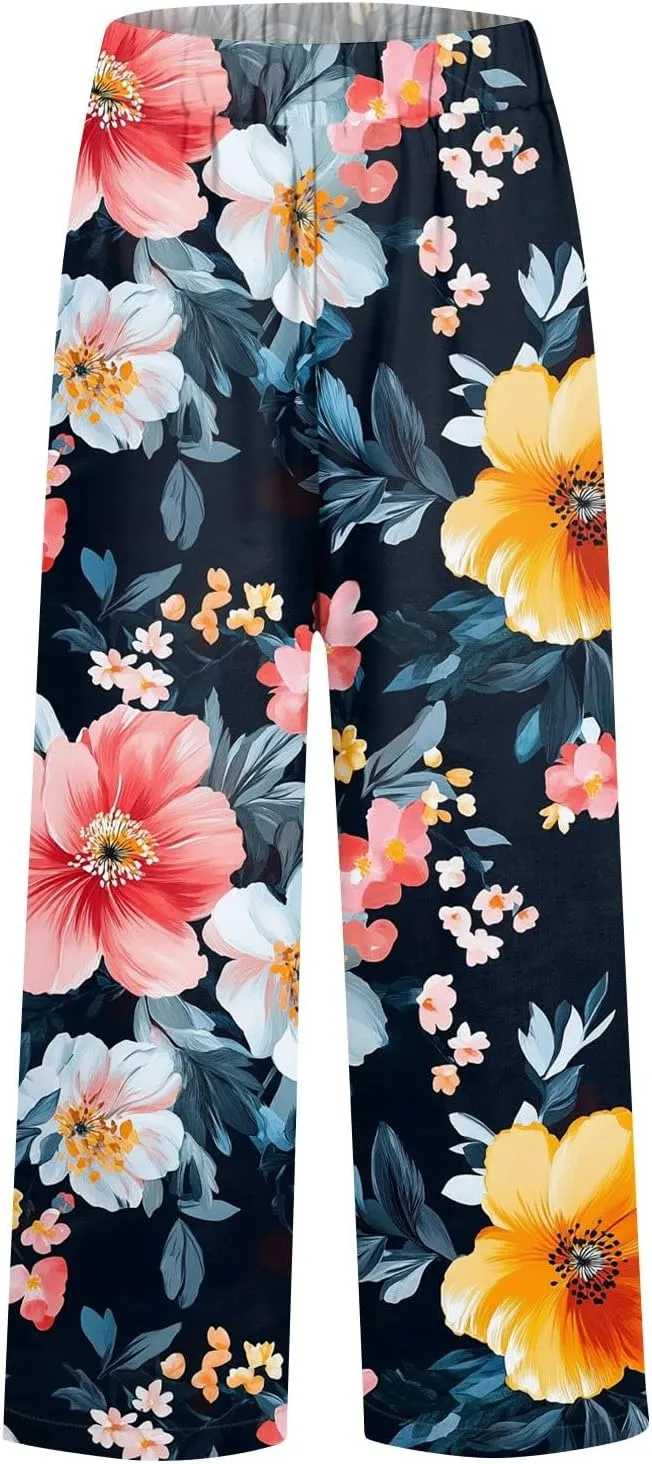 Linen Pants Women Casual Boho Floral Print Wide Leg Capri Pants Cotton Linen Elastic Waisted Drawstring Summer Trouser