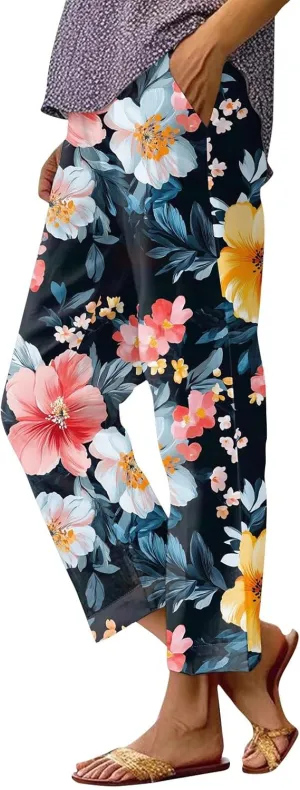 Linen Pants Women Casual Boho Floral Print Wide Leg Capri Pants Cotton Linen Elastic Waisted Drawstring Summer Trouser