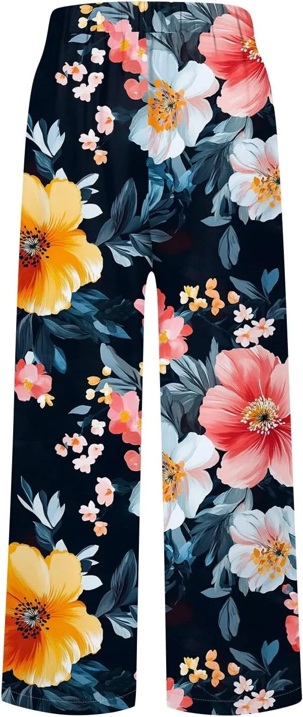 Linen Pants Women Casual Boho Floral Print Wide Leg Capri Pants Cotton Linen Elastic Waisted Drawstring Summer Trouser