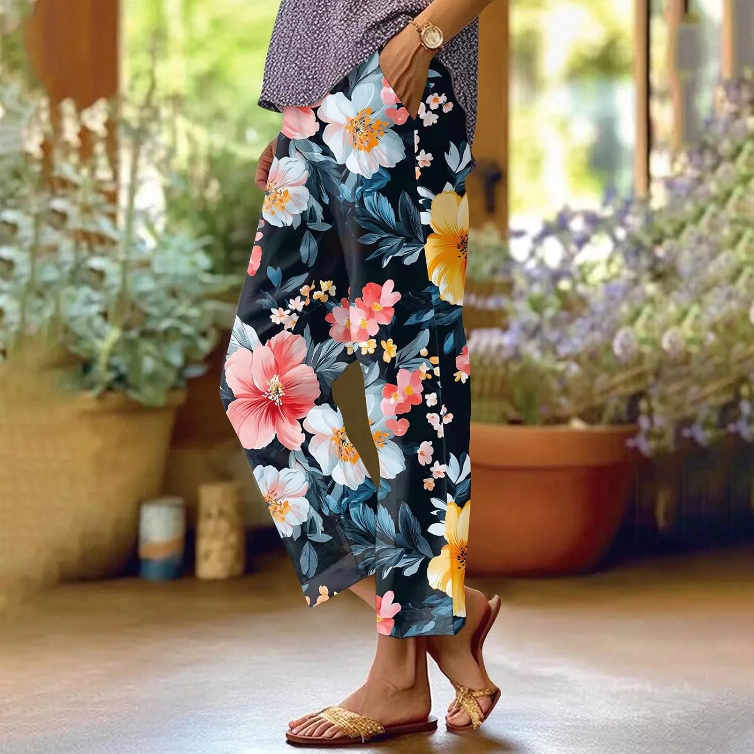 Linen Pants Women Casual Boho Floral Print Wide Leg Capri Pants Cotton Linen Elastic Waisted Drawstring Summer Trouser