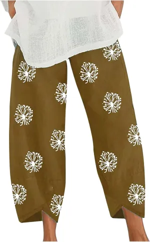 Linen Pants Women Casual Summer Cotton Cropped Tulip Pants Baggy Elastic Waisted Lounge Pants Trousers with Pockets