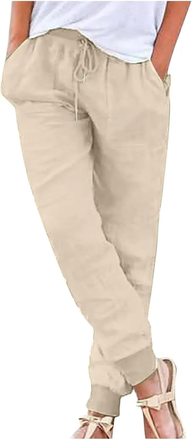 Linen Pants Women Drawstring Elastic Waist Tapered Leg Pants Casual Jogger Baggy Summer Trendy Beach Vacation Trousers