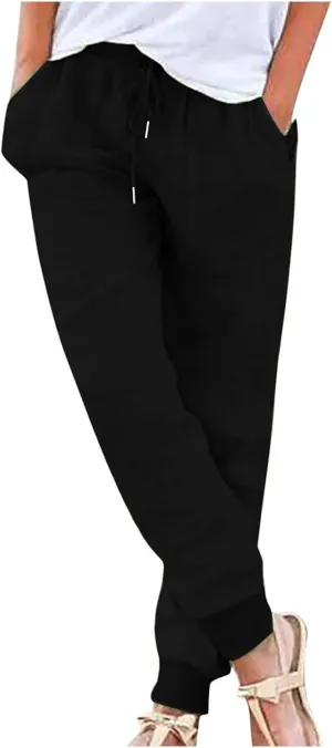 Linen Pants Women Drawstring Tapered Leg Petite Pants Elastic Waist Jogger Baggy Summer Palazzo Trousers with Pockets