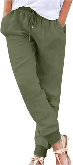 Linen Pants Women Dressy Pants Work Drawstring Elastic Waist Tapered Leg Summer Jogger Baggy Trousers with Pockets