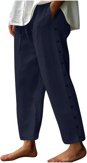 Linen Pants Women Elastic High Waisted Drawstring Beach Pant Casual Loose Side Button Wide Leg Trousers with Pocket