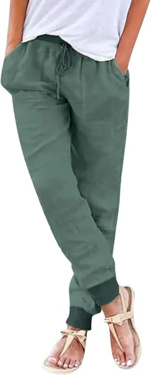 Linen Pants Women Jogger Pants Tapered Leg Summer Casual Drawstring Elastic Waist Lightweight Joggers with Pockets