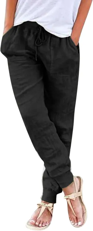Linen Pants Women Jogger Pants Tapered Leg Summer Casual Drawstring Elastic Waist Lightweight Joggers with Pockets