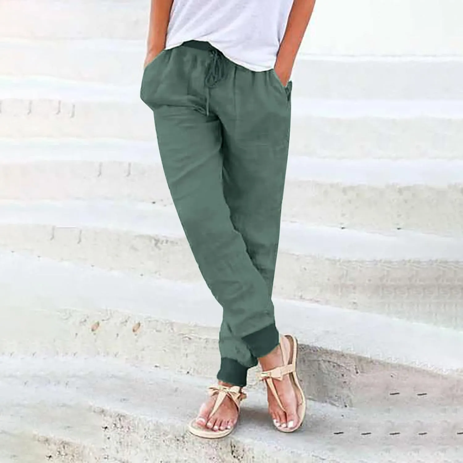 Linen Pants Women Jogger Pants Tapered Leg Summer Casual Drawstring Elastic Waist Lightweight Joggers with Pockets