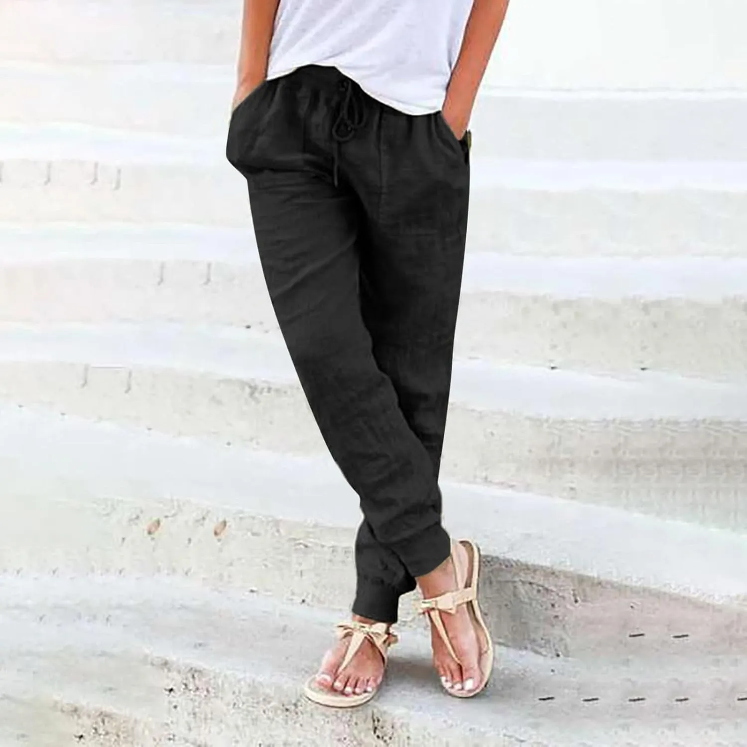 Linen Pants Women Jogger Pants Tapered Leg Summer Casual Drawstring Elastic Waist Lightweight Joggers with Pockets