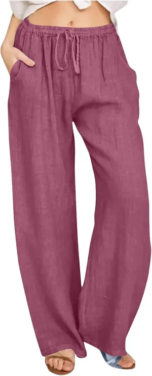 Linen Pants Women Loose Lounge Pants Drawstring High Waist Sweatpants Trousers with Pockets Soft Comfy Linen Pants