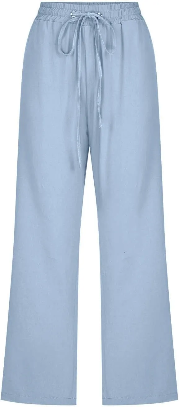 Linen Pants Women Plus Size High Waisted Wide Leg Pants Loose Fit Summer Beach Pants Cotton Lounge Pants with Pockets