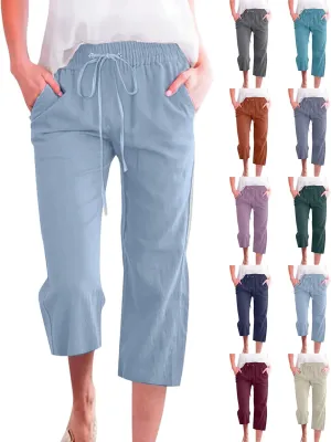 Linen Pants Women Plus Size High Waisted Wide Leg Pants Loose Fit Summer Beach Pants Cotton Lounge Pants with Pockets