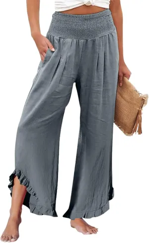 Linen Pants Women Smocked Elastic Waist High Waisted Ruffle Summer Pants with Pockets Casual Flowy Wide Leg Trousers
