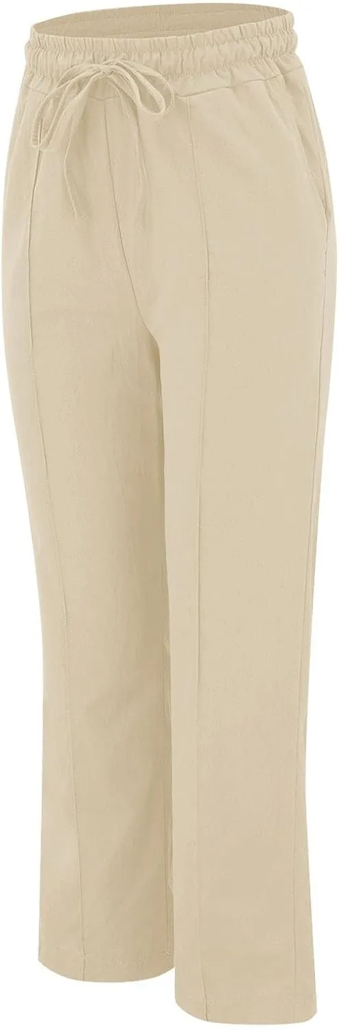 Linen Pants Women Summer Casual Beach Vacation Drawstring High Waist Loose Stright Wide Leg Pants Trouser for Women
