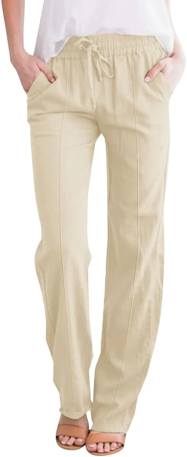 Linen Pants Women Summer Casual Beach Vacation Drawstring High Waist Loose Stright Wide Leg Pants Trouser for Women