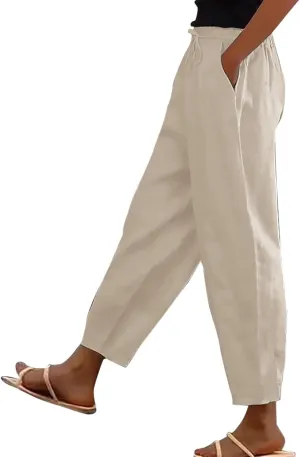 Linen Pants Women Summer High Elastic Waist Drawstring Palazzo Pants Straight Leg Slacks Cropped Trousers with Pockets