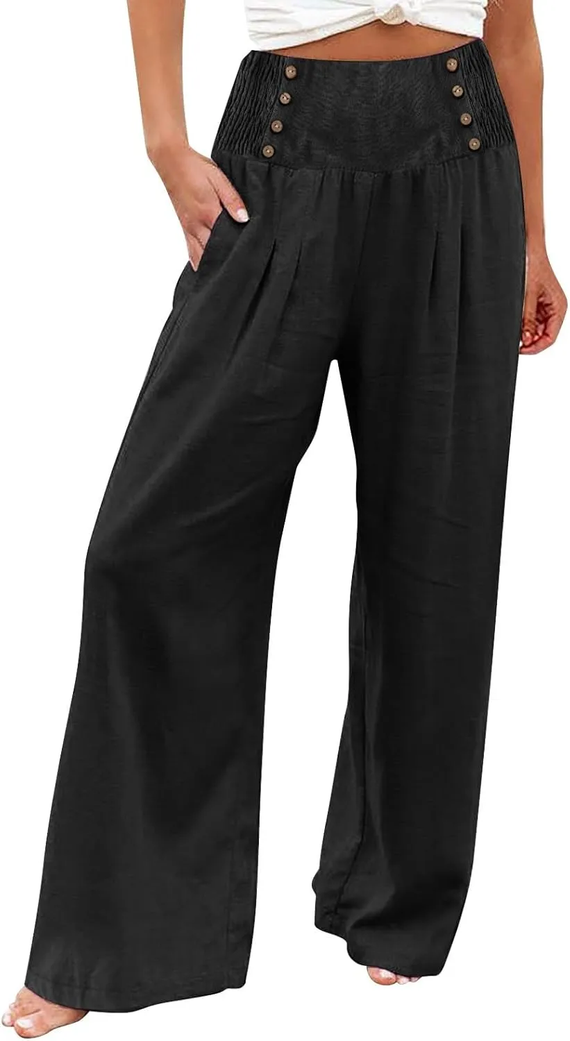 Linen Pants Women Summer High Waisted Cotton Linen Palazzo Pants Wide Leg Long Lounge Pants Work Trousers with Pocket