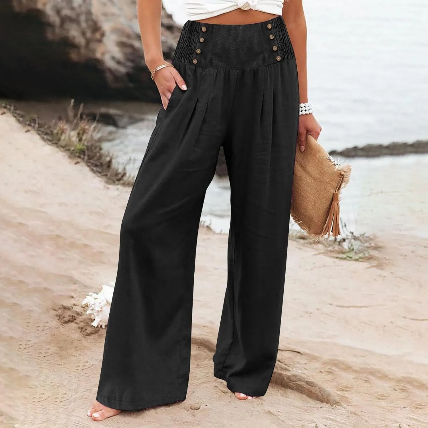 Linen Pants Women Summer High Waisted Cotton Linen Palazzo Pants Wide Leg Long Lounge Pants Work Trousers with Pocket