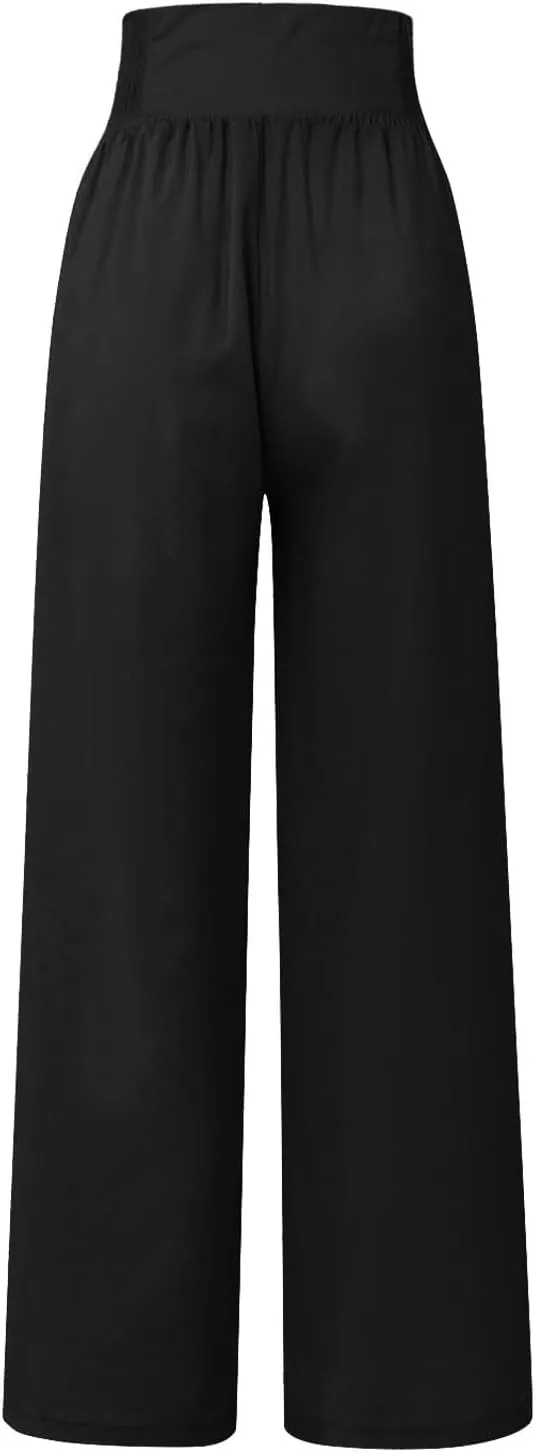 Linen Pants Women Summer High Waisted Cotton Linen Palazzo Pants Wide Leg Long Lounge Pants Work Trousers with Pocket