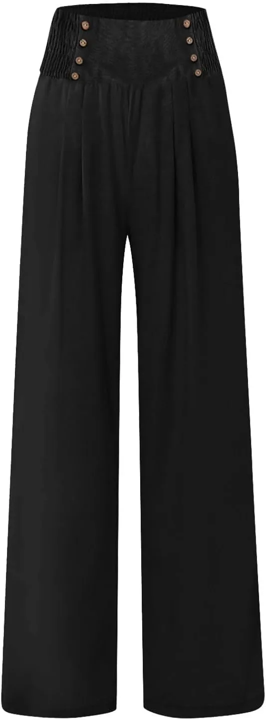 Linen Pants Women Summer High Waisted Cotton Linen Palazzo Pants Wide Leg Long Lounge Pants Work Trousers with Pocket