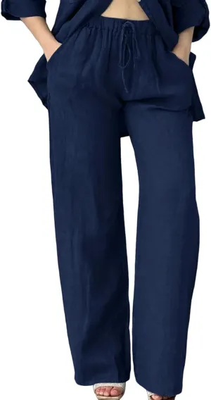 Linen Pants Women Summer Straight Leg Drawstring Elastic Waist High Waisted Wide Leg Pants Lounge Beach Trousers