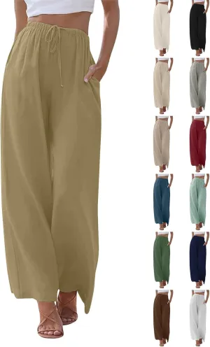 Linen Pants Women Summer Wide Leg Flowy Beach Pants Lightweight Drawstring Cotton Palazzo Pants Trousers with Pockets