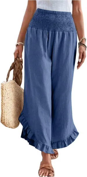 Linen Pants Women Summer Wide Leg Smocked Waist Ruffle Hem Palazzo Pants Boho Flowy Beach Vacation Pant with Pockets