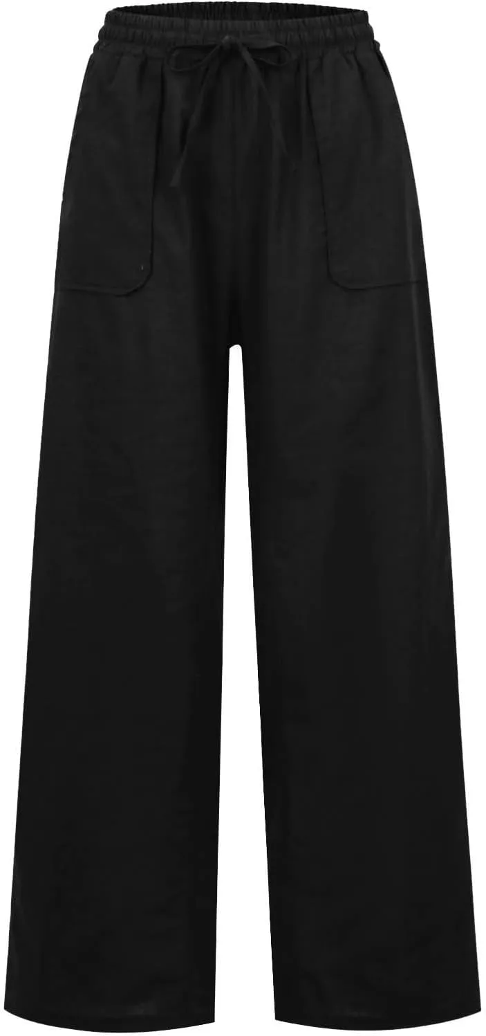 Linen Trousers Women Summer Cotton Palazzo Pants for Womens Dressy Pant Drawstring Woman