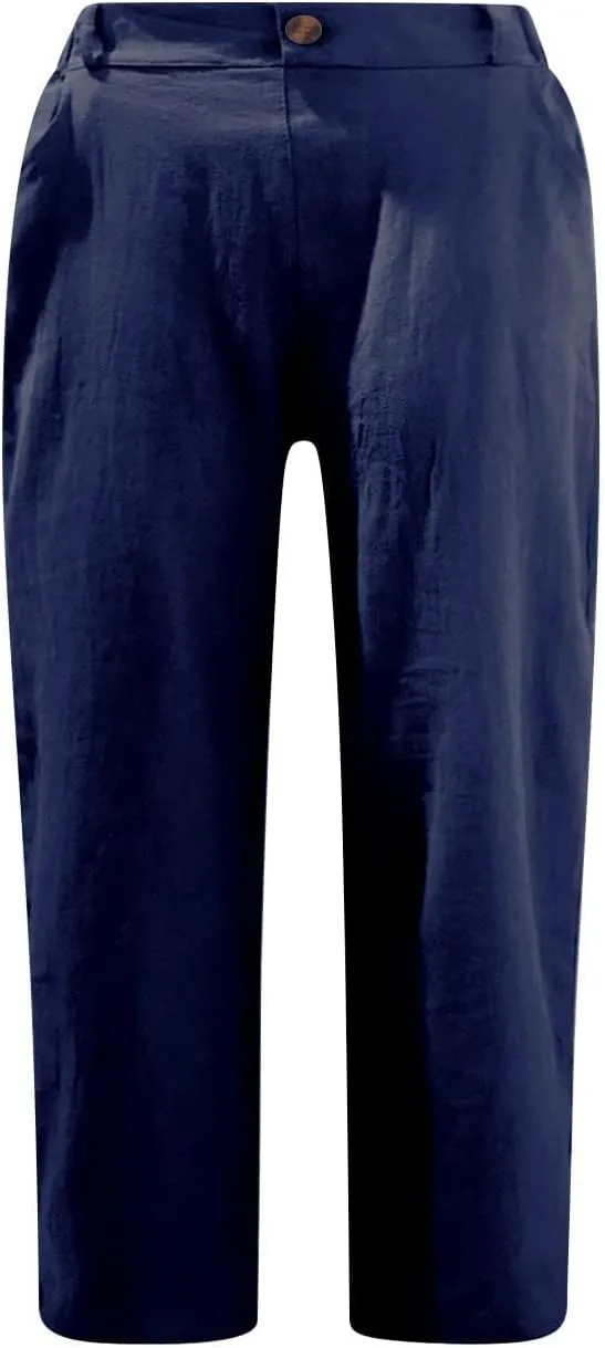 Linen Wide Leg Pants for Women Summer Casual Capri Pants Elastic Waist Comfy Loose Button Up Straight Leg Trousers
