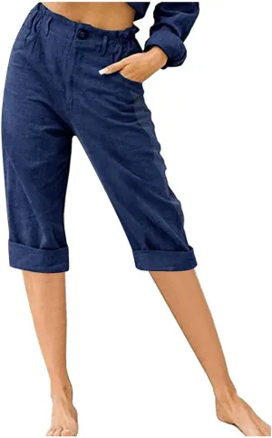Linen Wide Leg Pants for Women Summer Casual Capri Pants Elastic Waist Comfy Loose Button Up Straight Leg Trousers