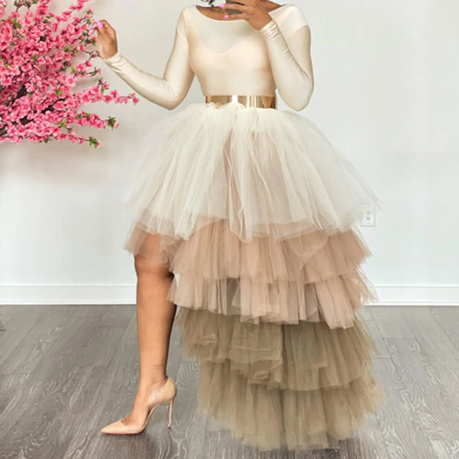 Lisong Women Muti Color Maxi Tulle Floor Length Layered High Waist Spectial Occasion Skirt