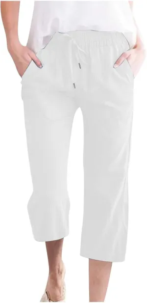 Litetao Capri Pants for Women Casual Summer Solid Capris Drawstring Waist Linen Pants Straight Leg Beach Cropped Trousers
