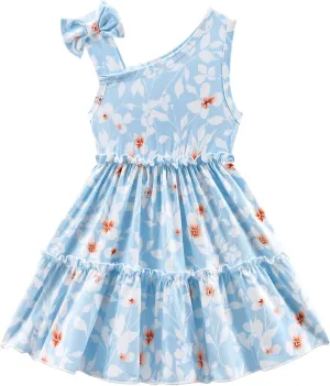 Little Girls Floral Dress - One Shoulder Twirl Tiered A-Line Toddler Party Dress Kids Summer Outfits for 2-8 Years