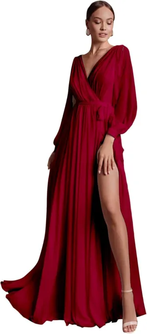 Long Sleeve Bridesmaid Dresses with Sash Slit Chiffon V Neck Ruched A Line Formal Dress for Women