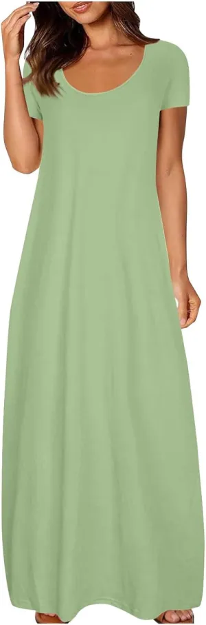 Long Summer Dresses for Women 2025 Casual Short Sleeve Crewneck Maxi Dress Solid Color Beach Vacation T Shirt Dresses