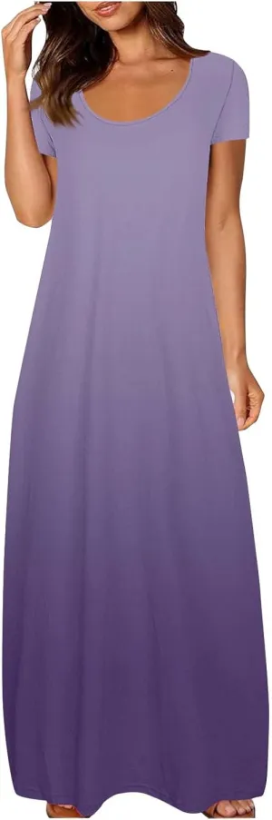 Long Summer Dresses for Women 2025 Casual Short Sleeve Crewneck Maxi Dress Solid Color Beach Vacation T Shirt Dresses