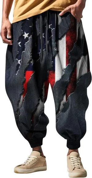 Loose Drop Crotch Trousers Casual Drawstring Men Elastic Waist with Pockets Tapered Sweatpants for Men Multi Pockets