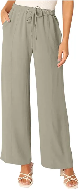 Lounge Pants for Women Casual Elastic Waist Wide Leg Pants with Pockets Casual Summer Cotton Linen Long Trousers 2025
