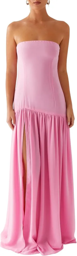 Luckinbaby Women Strapless Drop Waist Maxi Dress Y2k Long Floral Tube Dress Flowy A Line Off Shoulder Cocktail Dresses