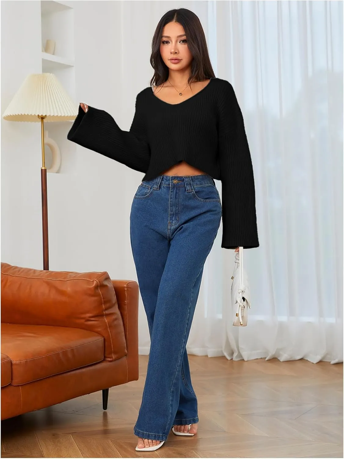 MakeMeChic Women's Cream Cropped Sweater Knit Crop Top Sweater V Neck Drop Shoulder Long Sleeve Pullover