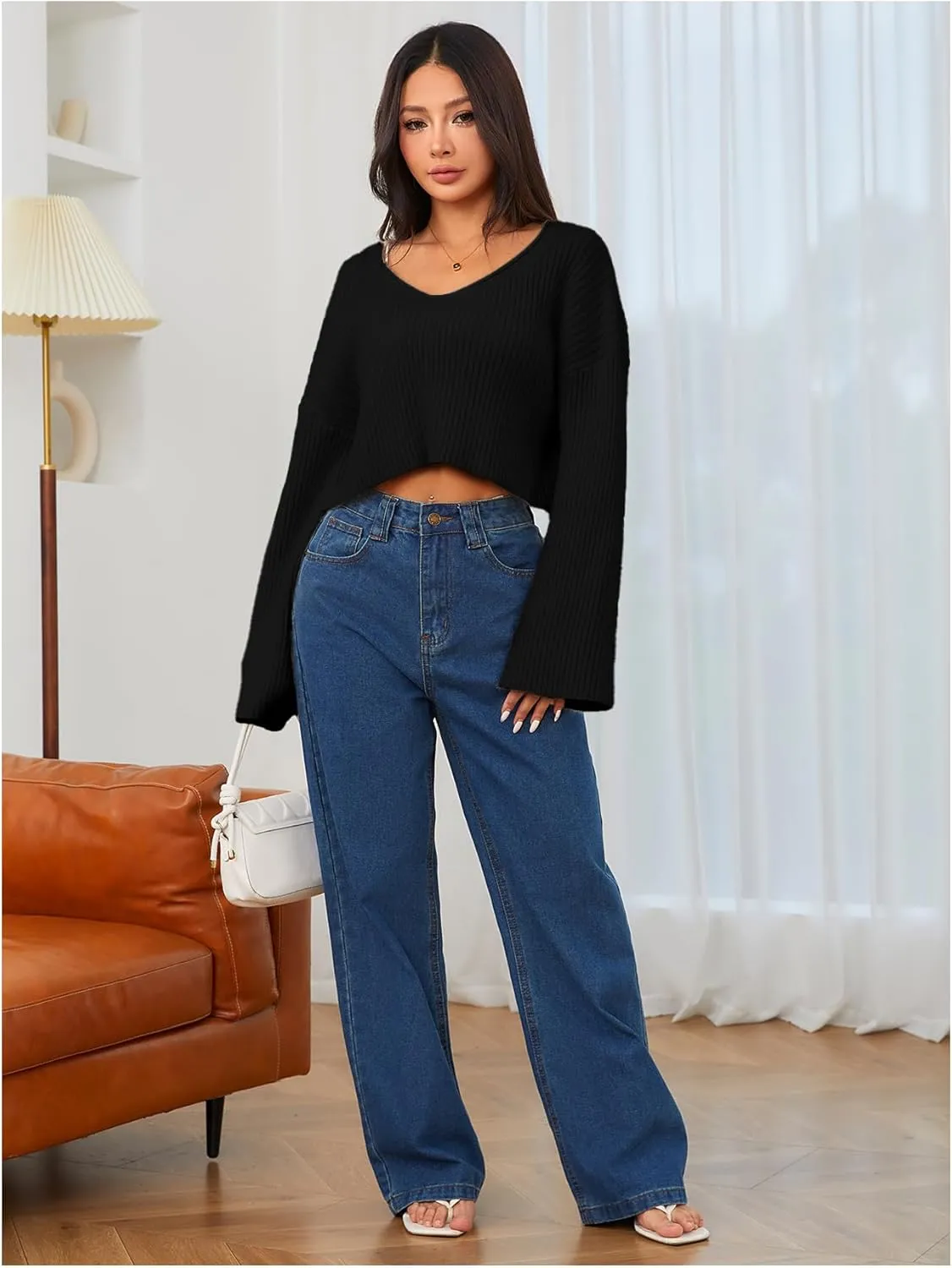 MakeMeChic Women's Cream Cropped Sweater Knit Crop Top Sweater V Neck Drop Shoulder Long Sleeve Pullover