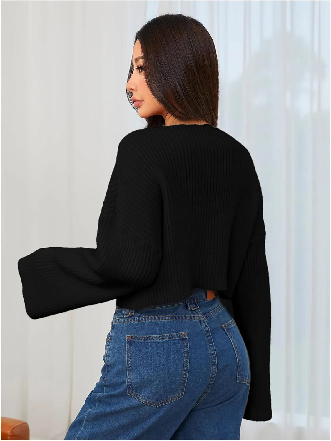 MakeMeChic Women's Cream Cropped Sweater Knit Crop Top Sweater V Neck Drop Shoulder Long Sleeve Pullover