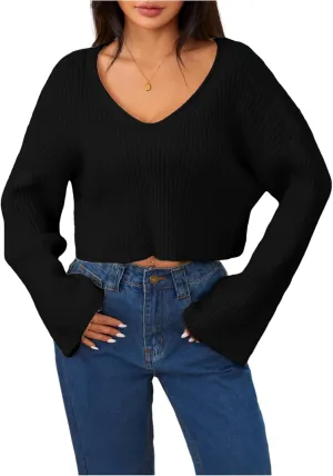 MakeMeChic Women's Cream Cropped Sweater Knit Crop Top Sweater V Neck Drop Shoulder Long Sleeve Pullover