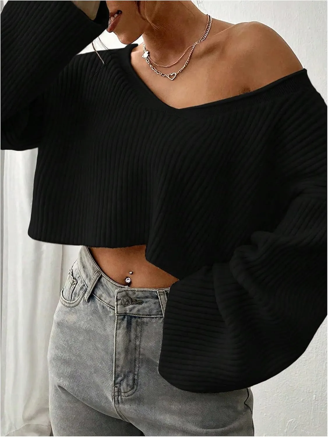 MakeMeChic Women's Cream Cropped Sweater Knit Crop Top Sweater V Neck Drop Shoulder Long Sleeve Pullover