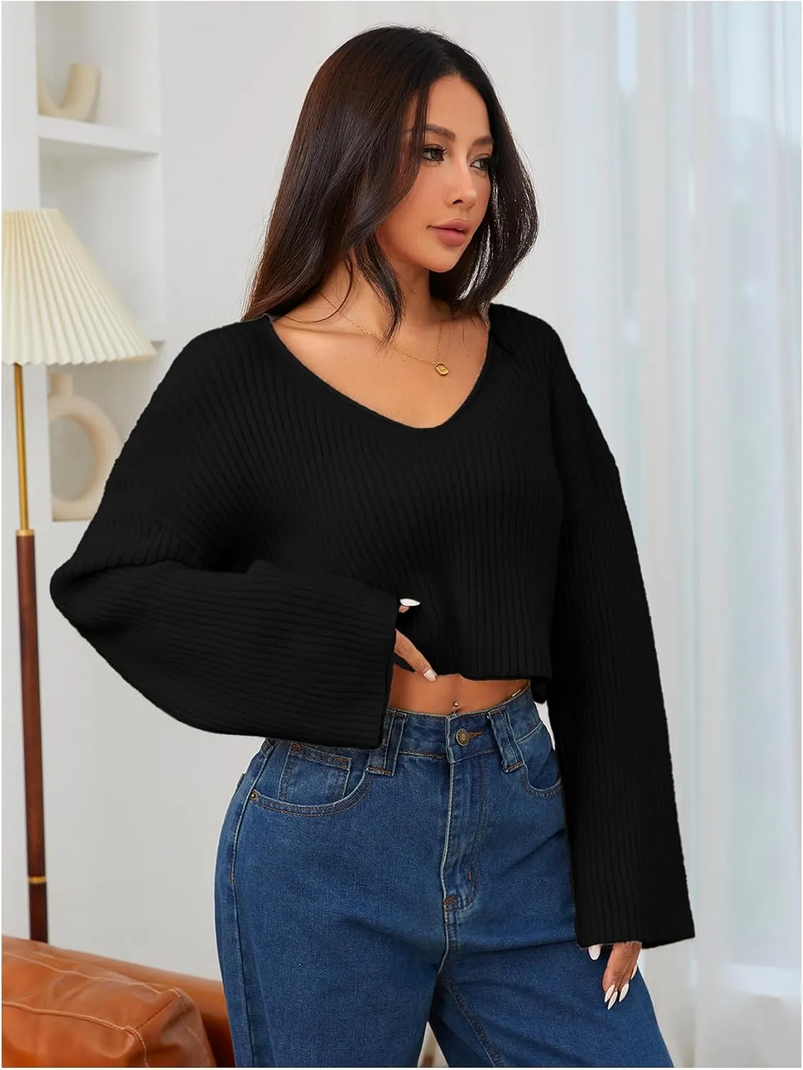 MakeMeChic Women's Cream Cropped Sweater Knit Crop Top Sweater V Neck Drop Shoulder Long Sleeve Pullover