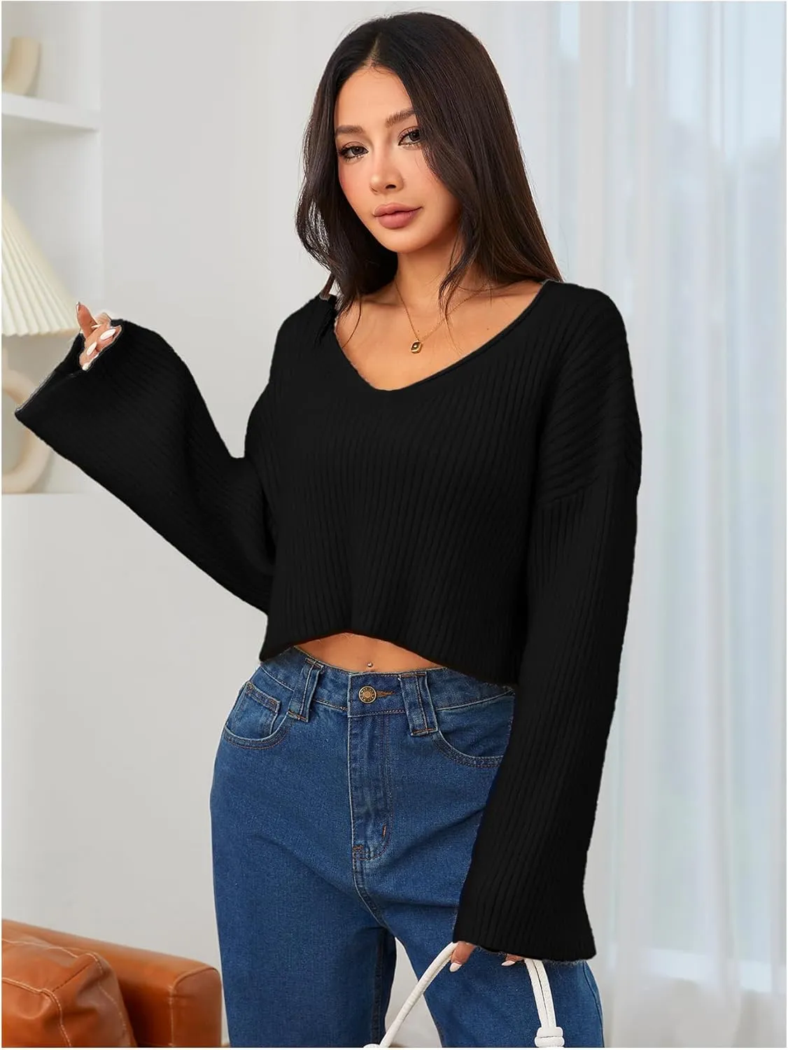 MakeMeChic Women's Cream Cropped Sweater Knit Crop Top Sweater V Neck Drop Shoulder Long Sleeve Pullover